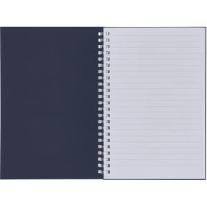 A navy blue spiral-bound notebook with lined pages on one side and a blank cover on the other.