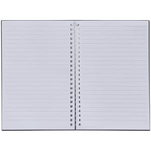 A notebook with a black cover and lined pages, showcasing an open layout with visible binding.