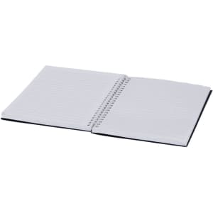 A spiral-bound notebook with blank lined pages and a black cover, open to display its interior.