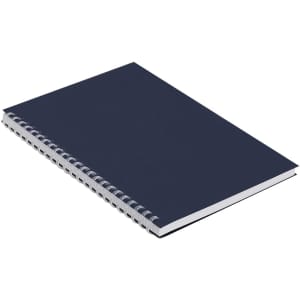 A navy notebook with a spiral binding and blank white pages visible along the edge. It features a simple design.