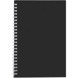 A black spiral-bound notebook featuring a sleek cover and clear spiral binding. It has branding on the front.