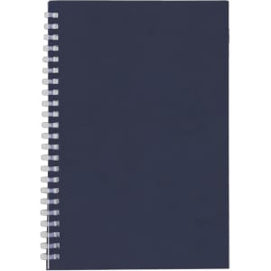 A navy notebook featuring wire spiral binding and a smooth cover, suitable for office use.