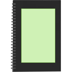 A spiral-bound notebook with a black cover and a green blank page. It features a logo on the front.