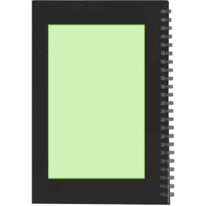 A black spiral-bound notebook with a bright green inner cover. It features a logo on the front.