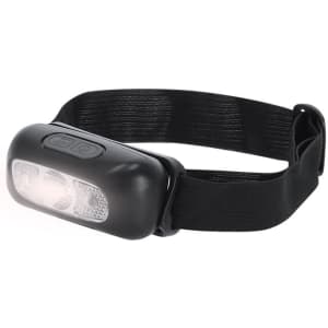 A black head torch with a strap, featuring a white LED light and two buttons on the front.