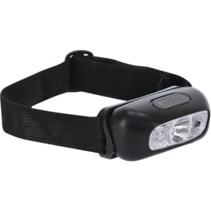 A black head torch with a flexible strap and two white LED lights. The product features a logo.