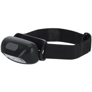 A black head torch with an adjustable strap and a single light component. It features a branding logo.