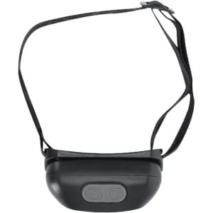 A black head torch with a strap, featuring a control panel on the front for brightness settings.