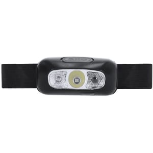 A compact black torch with two light sources, secured by an adjustable strap. It features a logo on the front.