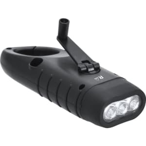 A black Trakip Torch keyring featuring three LED lights and a crank handle for powering. Includes a branding logo.