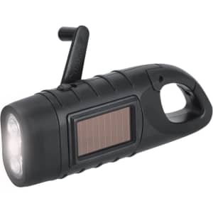 A black Trakip Torch with a solar panel, featuring a hand crank and multiple LED lights.