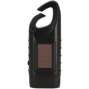 A black Trakip Torch featuring a solar panel and a hook for easy attachment, designed as a keyring tool.