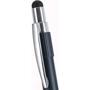 A navy stylus touch ball pen with a chrome clip and a black rubber tip. It features a logo on the barrel.