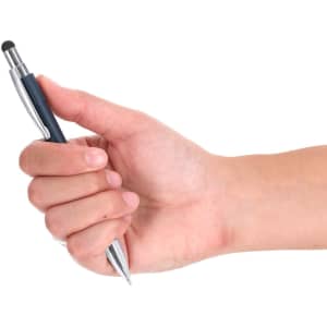 A hand holding a blue Turet Stylus Touch Ball Pen, featuring a silver tip and a stylus end.