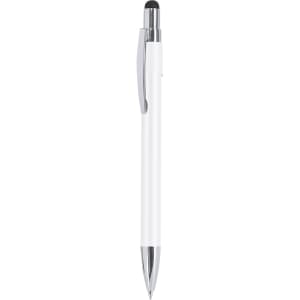 A white stylus touch ball pen with a chrome clip and a black tip for touchscreen use. The pen features a logo.