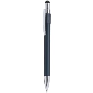 A dark blue stylus touch ball pen with a shiny chrome clip and tip. It features a smooth design and has a logo.