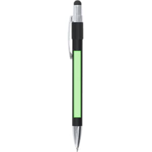 A black ballpoint pen with a green accent and a stylus tip at the top. Features a silver clip and branding.