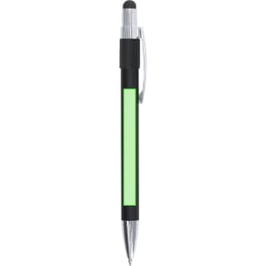 A black stylus touch ball pen with a green accent and a chrome clip, featuring a logo.