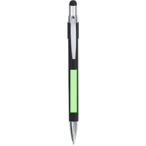 A black ballpoint pen with a green accent and a stylus tip on top. It features a chrome clip and has branding.