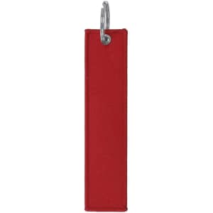 A red fabric keyring with a silver metal ring for attaching keys or other items.
