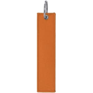 An orange keyring with a silver metal attachment. It features a simple, elongated design.