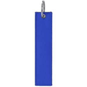 A blue keyring with a silver metal loop, featuring a simple fabric design.