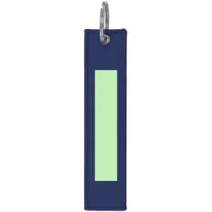 A navy keyring with a rectangular light green section and a silver metal ring.