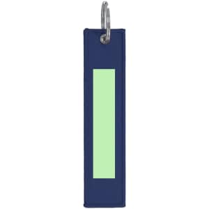 A navy keyring featuring a rectangular light green panel, attached with a metal ring.