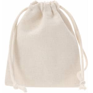 A cream-coloured, drawstring fabric pouch with a simple, minimalist design. It has a small logo on the surface.