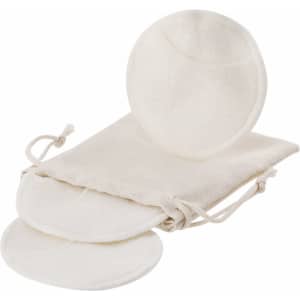 A set of three round, white facial cleansing pads with a small pouch for storage.