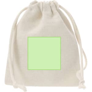 A cream-coloured drawstring bag featuring a plain green square on the front. The bag is made of fabric with a textured appearance.