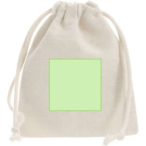 A natural beige drawstring pouch made of fabric, featuring a plain green square on the front.