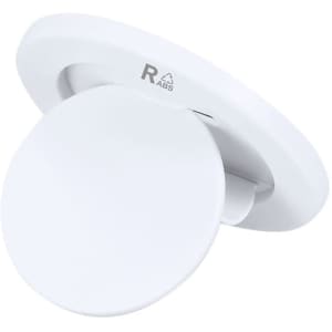 A white phone stand featuring a circular holder and a branded logo. Suitable for various phone sizes.