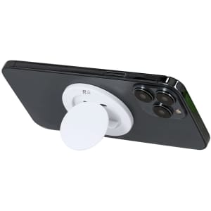 A phone stand in black with a round white pop socket attached, featuring a logo on the base.