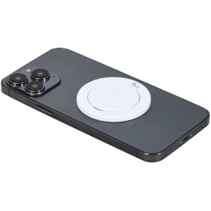 A smartphone with a white magnetic phone holder attached to its back, featuring a sleek black design.