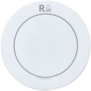 A white phone stand with a circular design, featuring a logo on the top surface.
