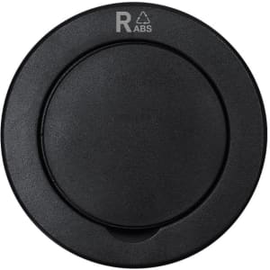 A black phone stand with a circular design, featuring a small indentation and a branding logo.