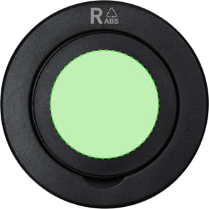 A phone holder in black with a circular design featuring a green accent in the centre. It has a logo on top.