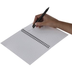 A hand writing in a spiral-bound, lined, white erasable notebook, featuring a sleek black pen.