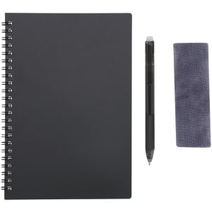 A black spiral-bound notebook, a pen, and a grey cleaning cloth arranged neatly together. The notebook features a logo.