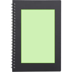 A black spiral-bound notebook with a green erasable page interior. It features a logo on the front cover.