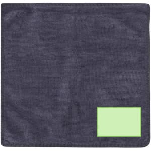 A dark grey microfibre cloth featuring a green label in the corner.