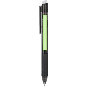 A pen with a black grip and a translucent green body, featuring a logo on the side.
