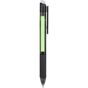 A black pen with a green eraser tip and a clear barrel, featuring a clip for easy attachment.