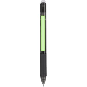 A black and green erasable pen with a transparent body and a dark grip, featuring a logo on the side.