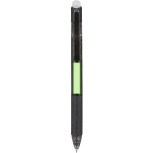 A grey erasable pen with a transparent barrel and a green erasing tip, featuring a branding logo on the barrel.