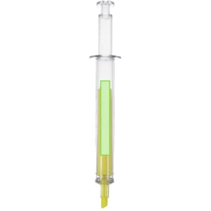 A highlighter in a clear casing with a yellow tip and a green body. It features a branding logo.