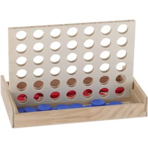 A wooden Connect Four game with a vertical grid, featuring red and blue discs in a natural wood tray.