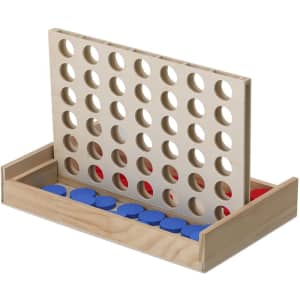 A wooden connect-four game featuring a grid for stacking pieces, with red and blue discs in a tray.