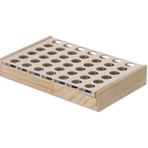 A wooden game board with multiple circular holes, featuring red and blue pegs, suitable for various games.